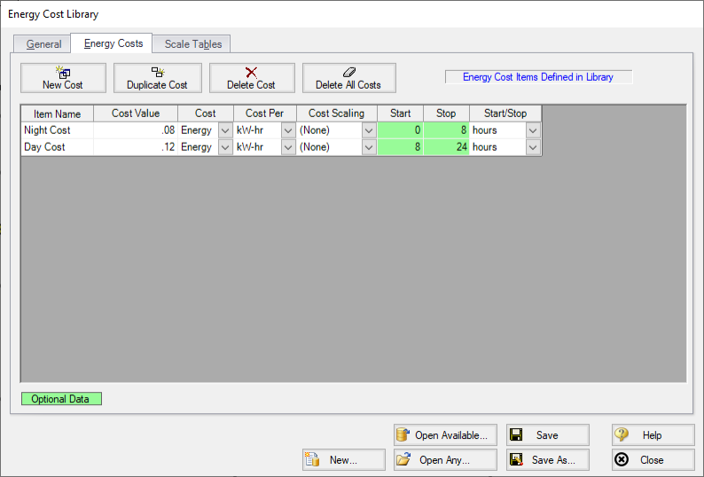 The Energy Costs panel in the Energy Cost Databse window. Two energy costs are defined.